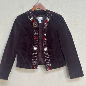 Spiegel Women’s Brown Velvet Embellished Beaded Sequin Jewel Jacket Blazer 4 Y2